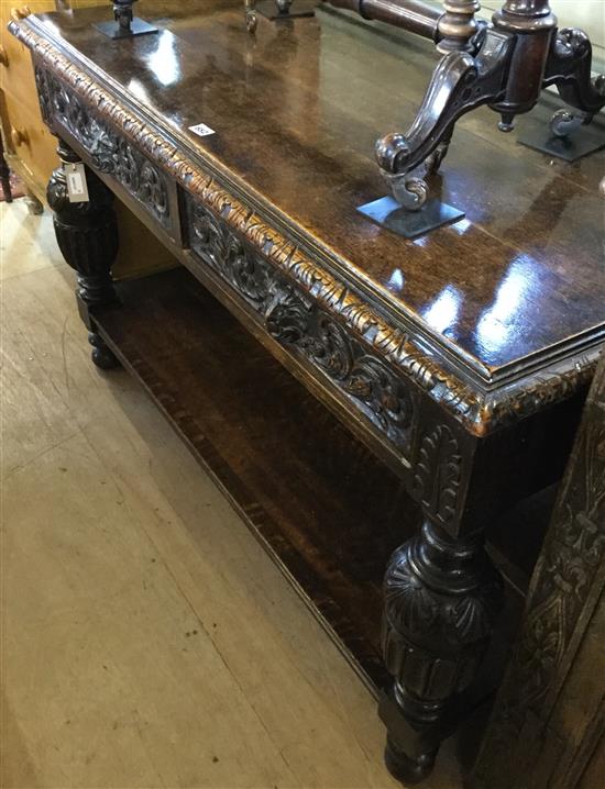 19C carved oak two-tier side table, fitted two frieze drawers